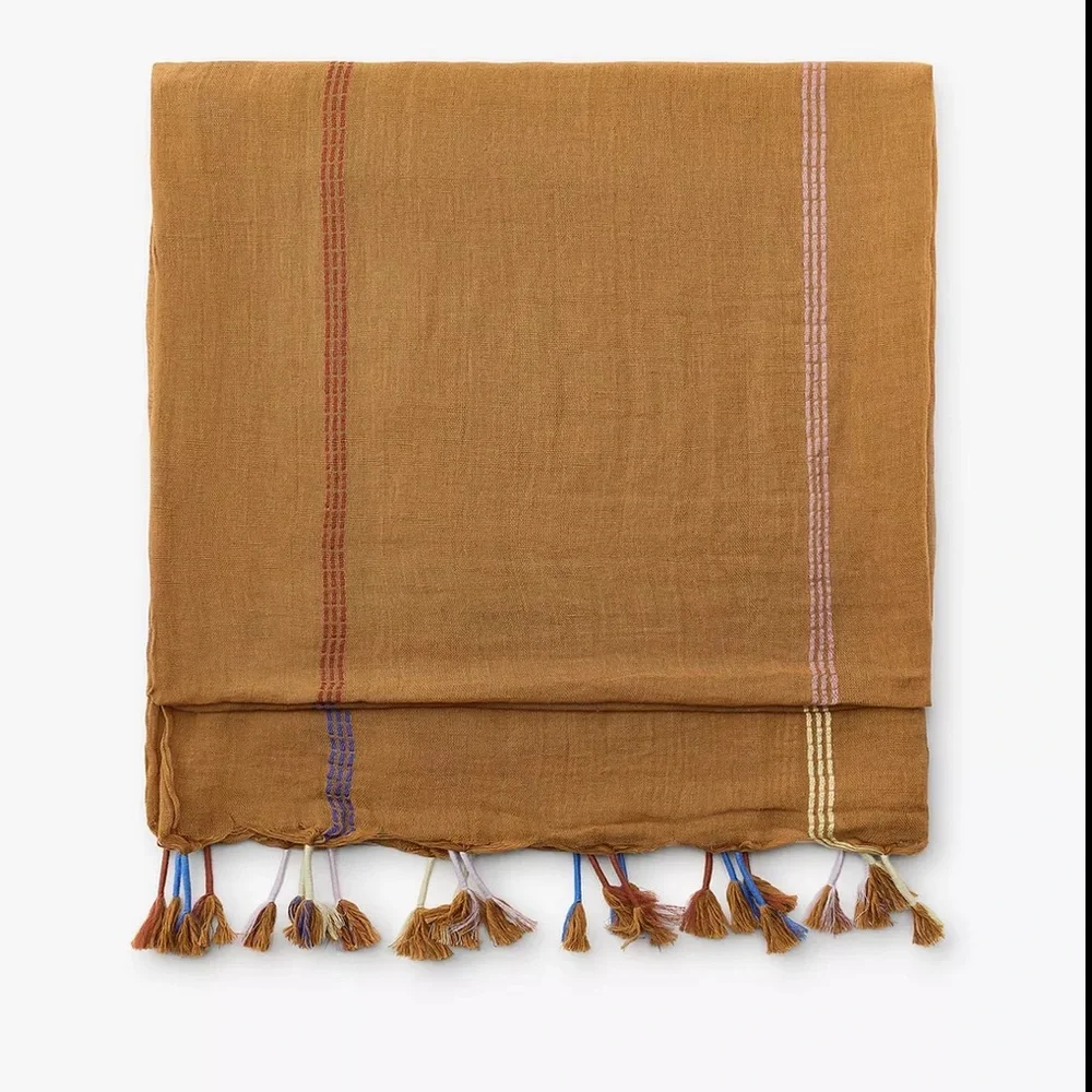 Zara striped linen scarf with pompoms, extra large sized 180 x 100 cm